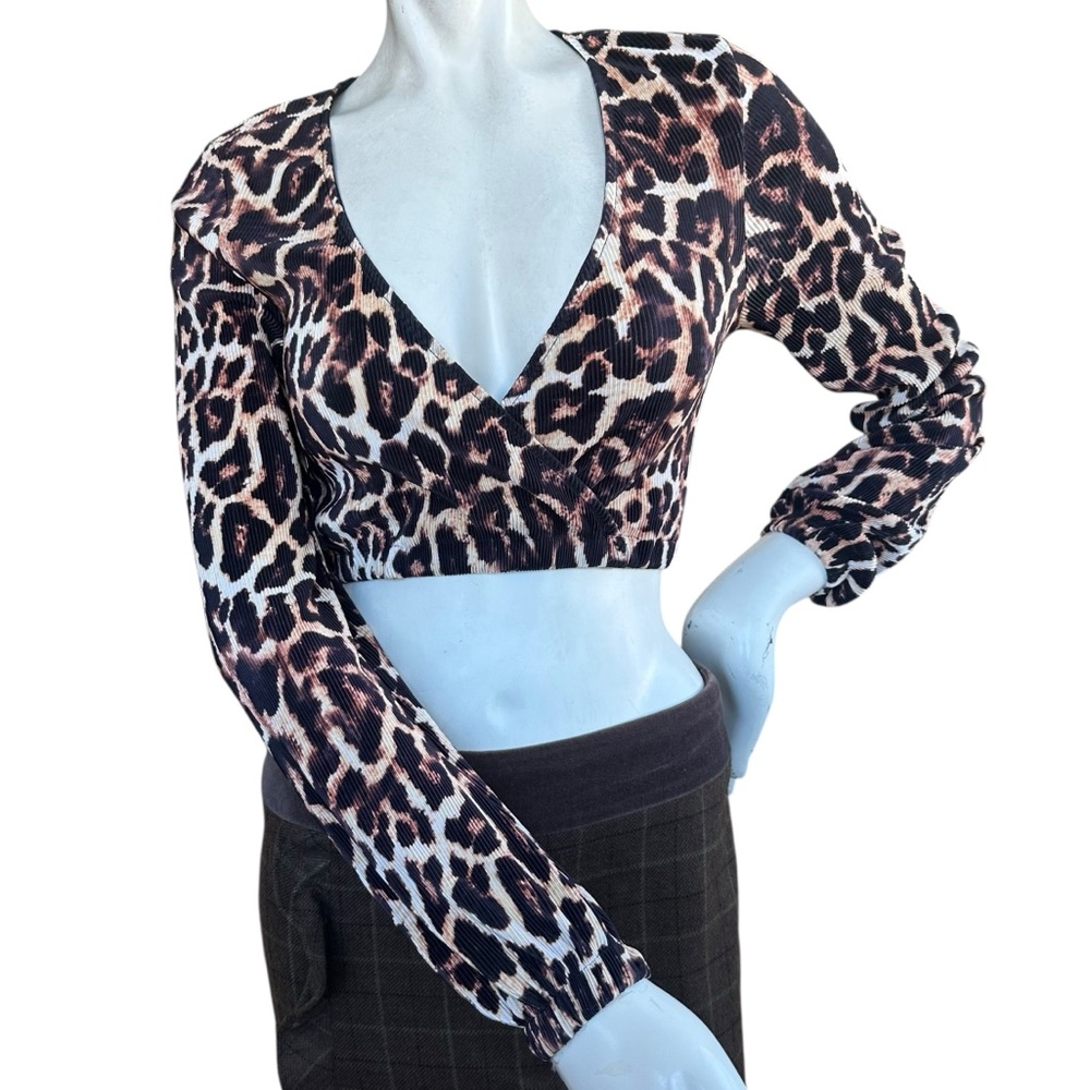 Show Me Your Mumu Donovan Leopard Print Deep V Long Sleeve Cropped Blouse XS